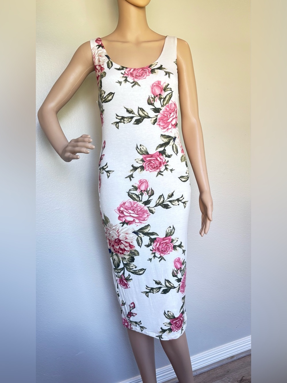 Popular Basics White Midi Dress with Pink Rose Print and back zipper Medium - Picture 10 of 14